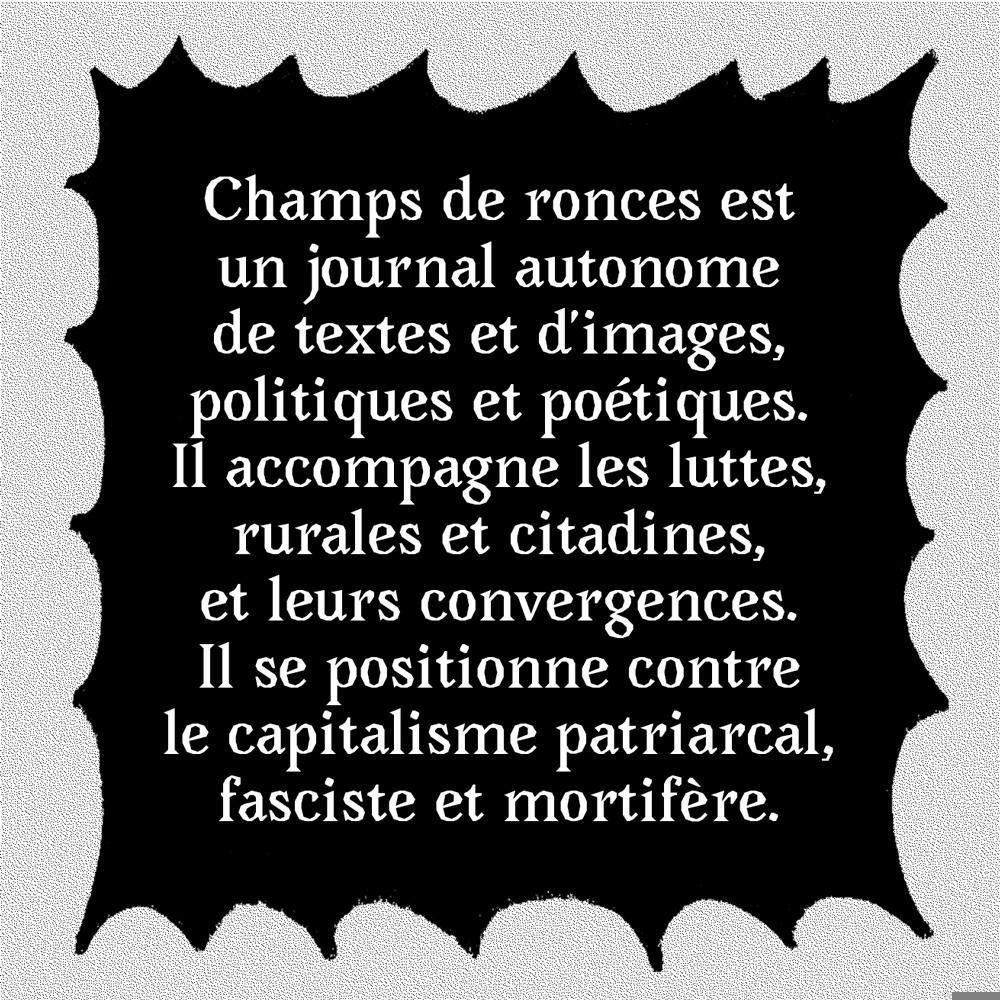 Champs de ronces est un journal autonome de textes et d’images, politiques et poétiques.
Il accompagne les luttes, rurales et citadines, et leurs convergences.
Il se positionne contre le capitalisme patriarcal, fasciste et mortifère.